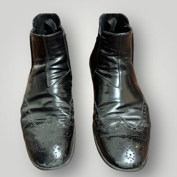 Prada Men's Black Leather Wingtip Chelsea Boots Metal Logo Heel Ankle 11 or 44 - Picture 2 of 6